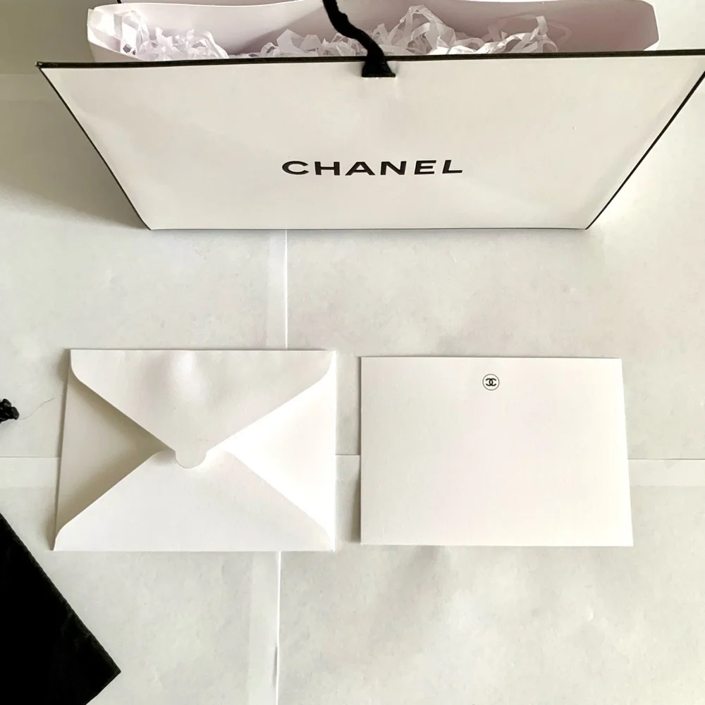CHANEL Gift Box Set w Card Envelope Drawstring Pouch White Origami Authentic